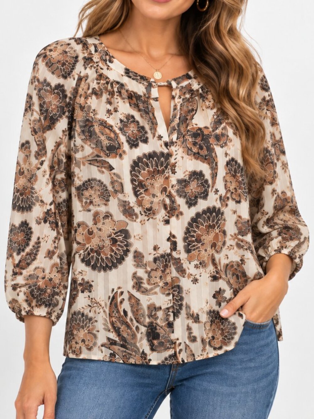 Vince Camuto Cream & Brown Boho Floral Paisley Pleated Tunic Flowy Blouse Large
